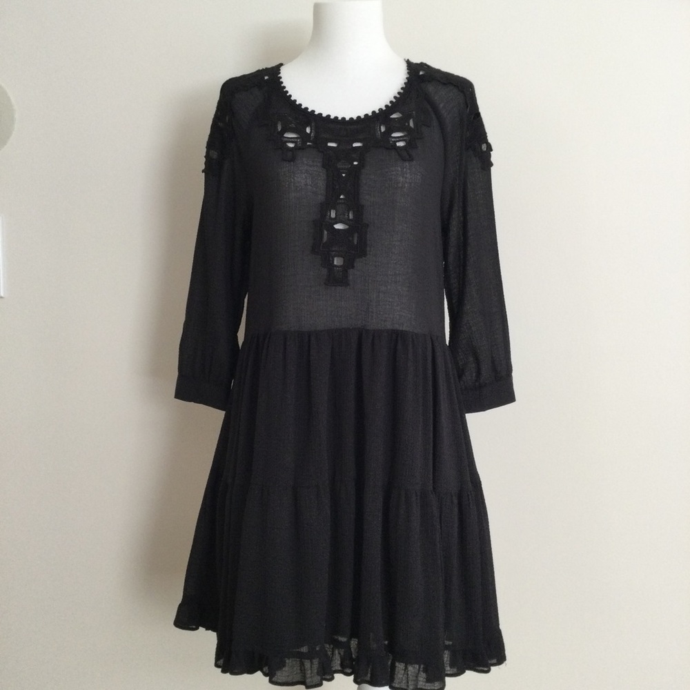Free People Bohemian Baby Doll Embroidered Black Dress